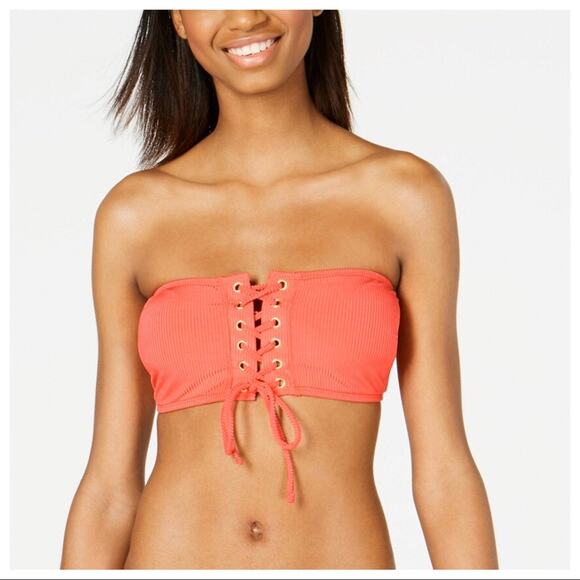 Hula Honey Rib Lace-Up Bandeau Bikini Top-L - Picture 1 of 5